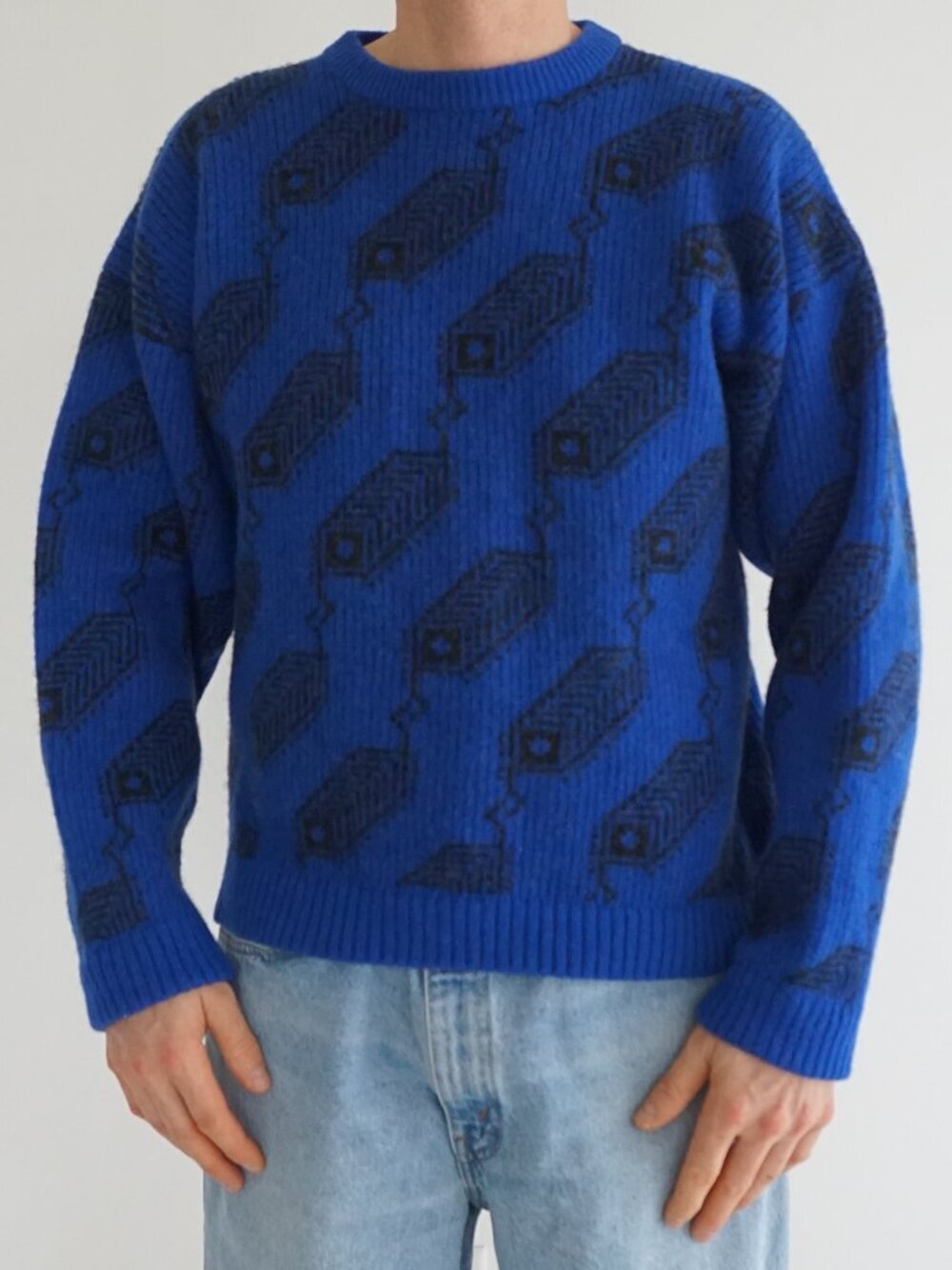 Letters Blue Black Geometric Pattern Knit Crew Neck Pure Wool Graphic Sweater L